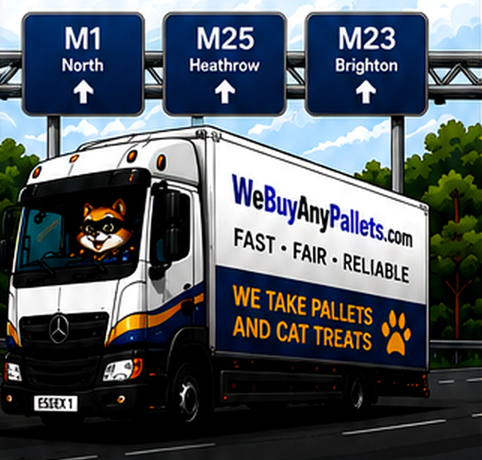 Palletman and Palletcat representing the WeBuyAnyPallets collection team.