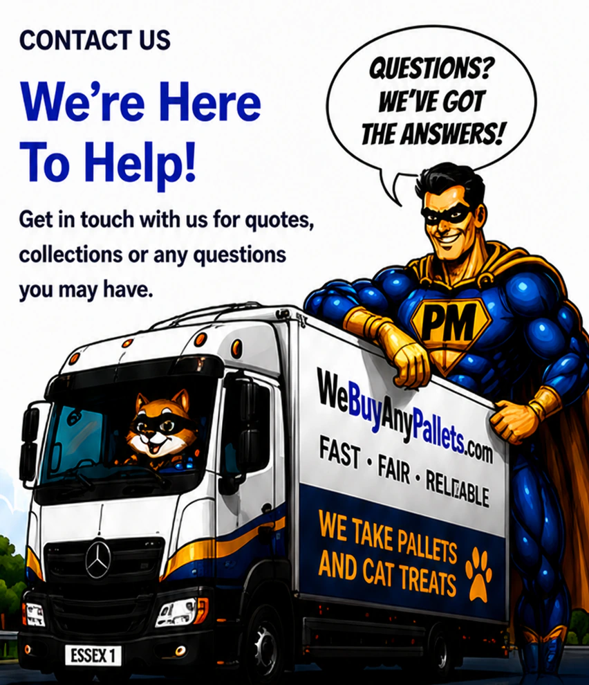 WeBuyAnyPallets truck with Palletman wearing yellow gloves, blue arms, and the ESSEX 1 number plate clearly visible.